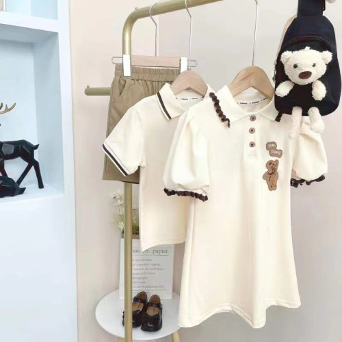 小熊刺綉親子裝夏一家三四口母子母女連衣裙嬰兒爬服POLO翻領短袖
