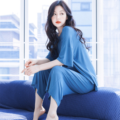 涼感薄款夏季莫代爾睡衣女士套裝寬松大碼純色短袖七分褲