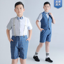 男童禮服夏季新款加肥加大短袖背帶褲套裝胖版中大童演出衣服