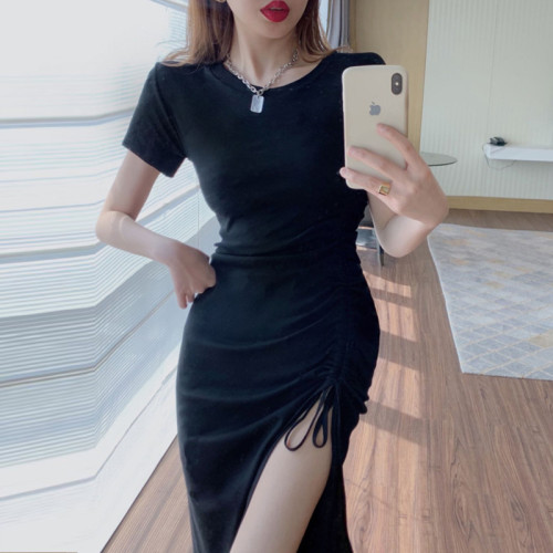 高品質純棉連衣裙女夏抽繩短袖性感開衩長裙修身顯瘦中長款過膝裙