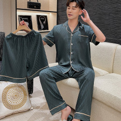 2024新款睡衣夏季冰絲短袖短褲三件套薄款男士夏天絲綢家居服套裝