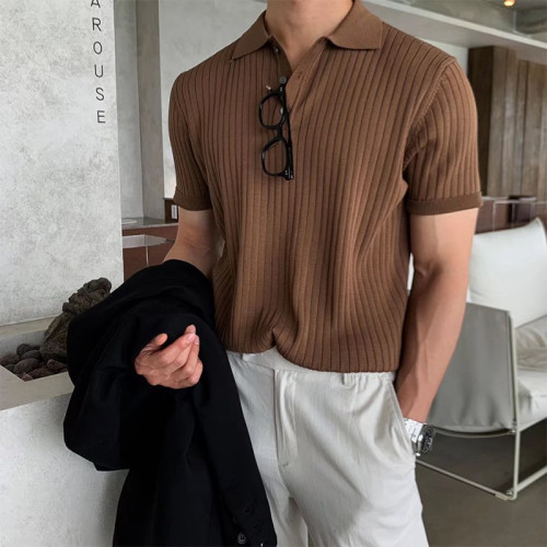 針織翻領Polo短袖T恤男美式復古男士夏季薄款潮流韓版條紋t恤男裝