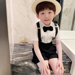 兒童短袖短褲背帶套裝2025夏季男童襯衫西裝花童禮服主持人演出服