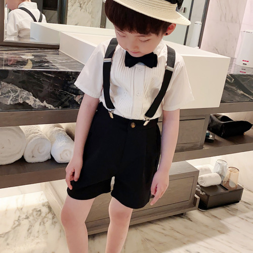 兒童短袖短褲背帶套裝2025夏季男童襯衫西裝花童禮服主持人演出服