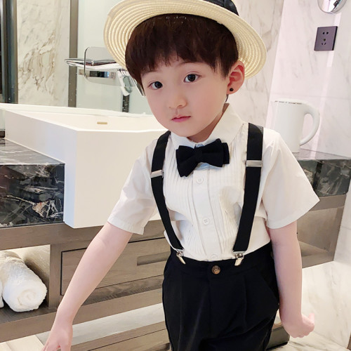 兒童短袖短褲背帶套裝2025夏季男童襯衫西裝花童禮服主持人演出服