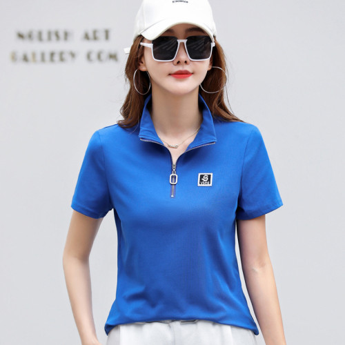 360 女士POLO衫T恤2023年夏季新款韓版上衣翻領短袖拉鍊字母條紋T