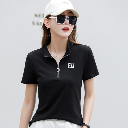 360 女士POLO衫T恤2023年夏季新款韓版上衣翻領短袖拉鍊字母條紋T