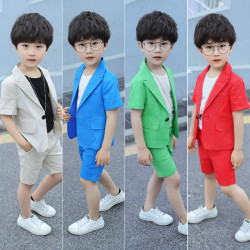 兒童西裝套裝夏款麻西兩件套男童表演服禮服節目主持演出服