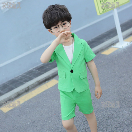 兒童西裝套裝夏款麻西兩件套男童表演服禮服節目主持演出服