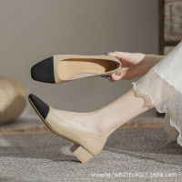 U5588 粗跟單鞋女光面2025年新款拼色方頭3.CM跟高休閒爆款女鞋