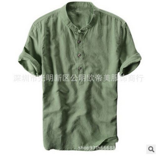 Q040夏季旅遊度假男休閒簡約小清新亞麻襯衫薄款純色短袖休閒T恤