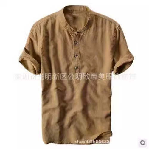 Q040夏季旅遊度假男休閒簡約小清新亞麻襯衫薄款純色短袖休閒T恤