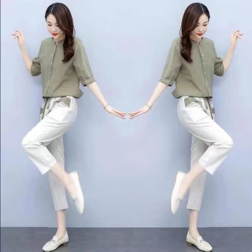 休閒時尚棉麻套裝2025年新款洋氣減齡亞麻媽媽裝顯瘦遮肉兩件套女