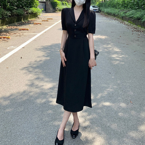 【】大碼西裝領連衣裙胖mm法式桔梗裙顯瘦遮肚子夏女22308