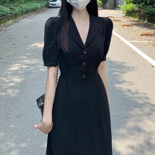 【】大碼西裝領連衣裙胖mm法式桔梗裙顯瘦遮肚子夏女22308
