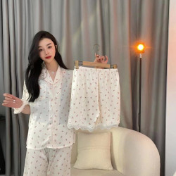 22冰絲氣質睡衣女夏小碎花三件套睡衣套裝