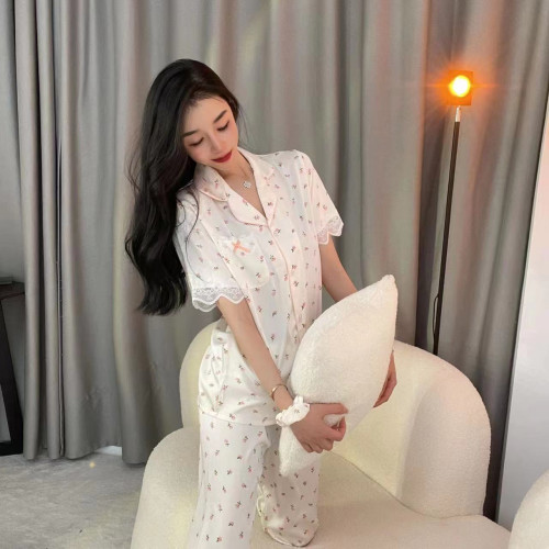 22冰絲氣質睡衣女夏小碎花三件套睡衣套裝