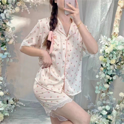 22冰絲氣質睡衣女夏小碎花三件套睡衣套裝
