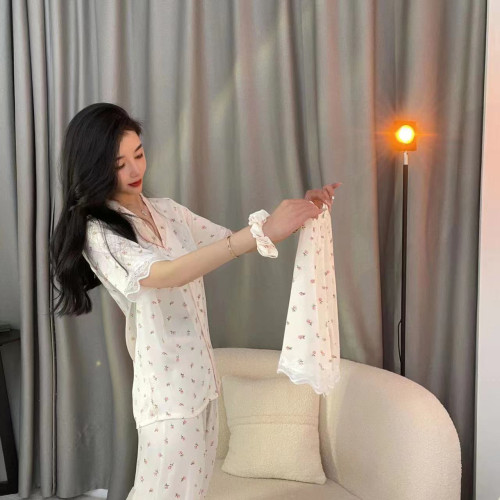 22冰絲氣質睡衣女夏小碎花三件套睡衣套裝