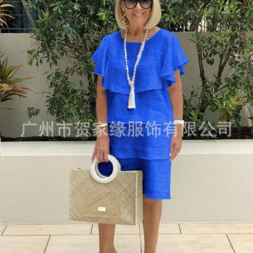 夏季新款 2025歐美 爆款披肩圓領多層次套頭喇叭袖中長裙