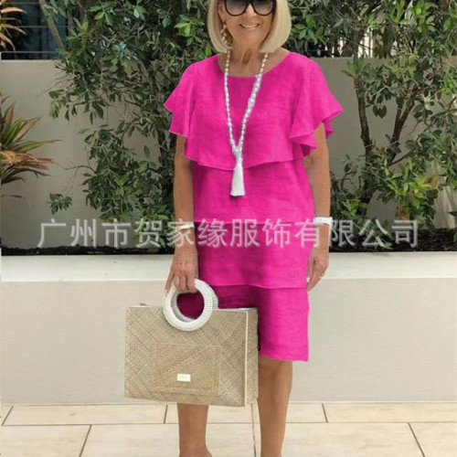 夏季新款 2025歐美 爆款披肩圓領多層次套頭喇叭袖中長裙