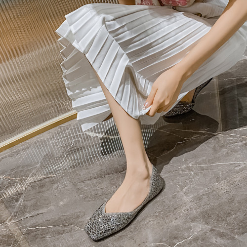 鞋子女2023新款水鑽單鞋女滿鑽平底淺口仙女晚晚風溫柔鞋大碼方頭