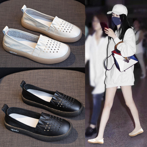 真皮鏤空小白鞋女2025春夏新款一腳蹬樂福女鞋軟底孕婦護士小皮鞋