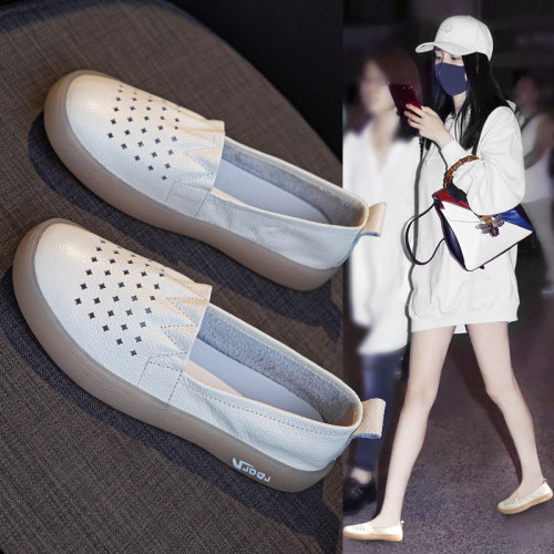 真皮鏤空小白鞋女2025春夏新款一腳蹬樂福女鞋軟底孕婦護士小皮鞋