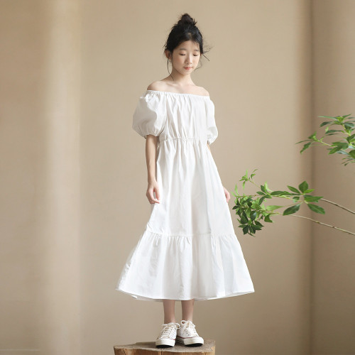 親子裝短袖白色連衣裙2024年新款夏季小清新寬松海灘少女長裙