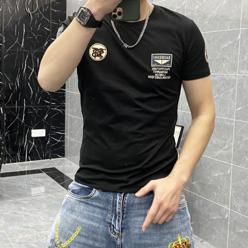 2024年夏季新款徽章刺綉圓領半袖男潮牌修身短袖簡約時尚男裝上衣