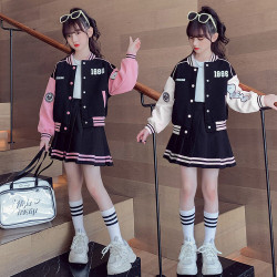 女童學院風套裝裙子春秋新款大童洋氣親子裝外套女孩棒球服兩件套