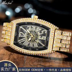 MISSFOX手錶 FM滿天星時尚個性數字酒桶形滿鑽大表盤男士手錶