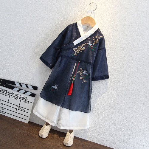 漢服男童新款風唐裝夏裝兒童短袖帥氣男孩薄款古風國學演出服