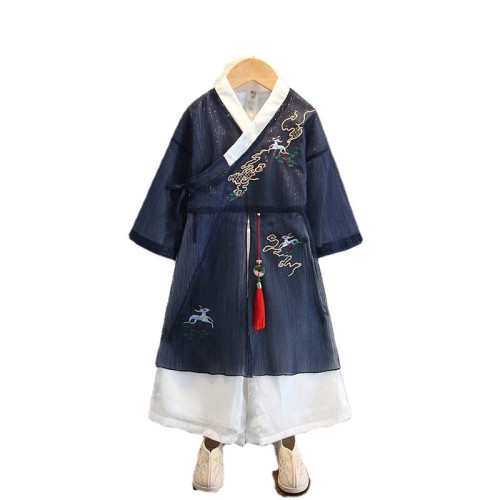 漢服男童新款風唐裝夏裝兒童短袖帥氣男孩薄款古風國學演出服