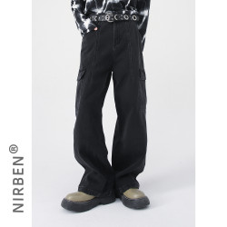 nirben牛仔|  街頭濶腿工裝褲男女直筒寬松顯瘦潮牌復古牛仔長褲