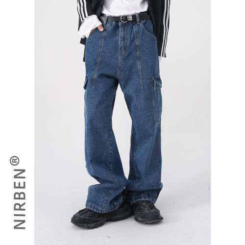 nirben牛仔|  街頭濶腿工裝褲男女直筒寬松顯瘦潮牌復古牛仔長褲