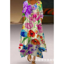 eBay歐美女士新款連衣裙植物花卉印花休閒長袖女裝