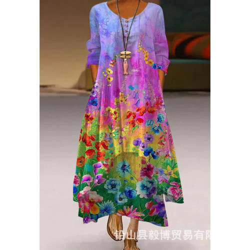 eBay歐美女士新款連衣裙植物花卉印花休閒長袖女裝