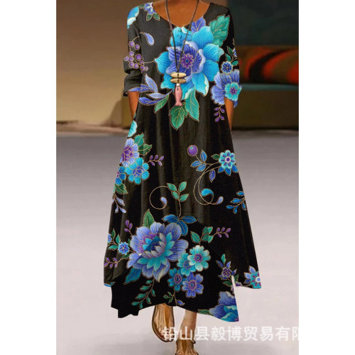 eBay歐美女士新款連衣裙植物花卉印花休閒長袖女裝