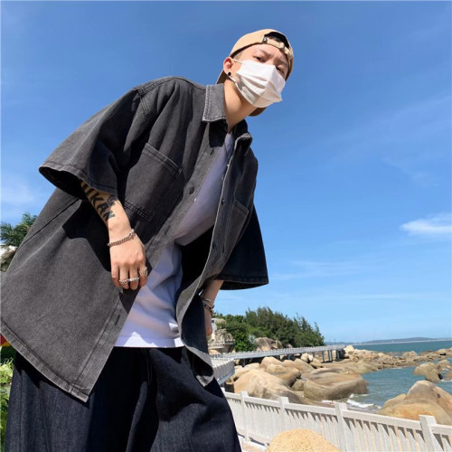 牛仔短袖襯衫男港風工裝復古寬松襯衣ins潮牌潮流寬松七分袖外套