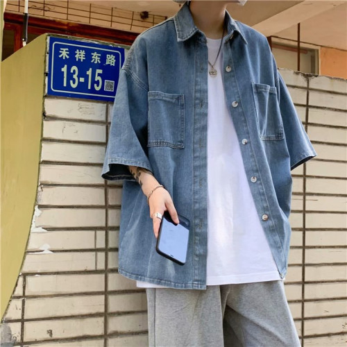 牛仔短袖襯衫男港風工裝復古寬松襯衣ins潮牌潮流寬松七分袖外套