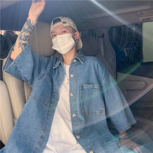 牛仔短袖襯衫男港風工裝復古寬松襯衣ins潮牌潮流寬松七分袖外套