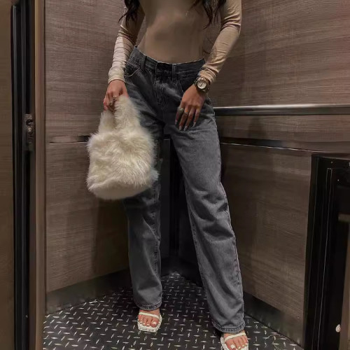 歐美高腰破洞修身牛仔長褲女  女式牛仔褲