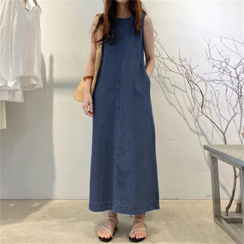 時尚長裙圓領無袖口袋寬松長款背心牛仔長袍連衣裙女