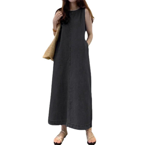 時尚長裙圓領無袖口袋寬松長款背心牛仔長袍連衣裙女