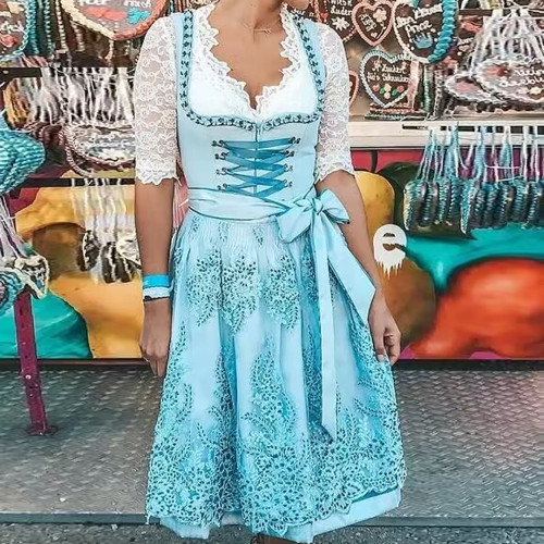 大碼德國慕尼黑啤酒節女傭服短袖印花啤酒服連衣裙舞台表演服
