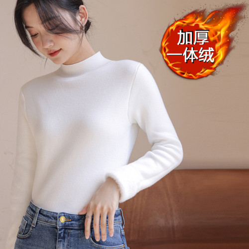 一體絨秋冬季加絨加厚2025年軟糯時尚洋氣打底針織衫半高領毛衣女