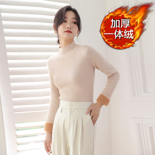 一體絨秋冬季加絨加厚2025年軟糯時尚洋氣打底針織衫半高領毛衣女