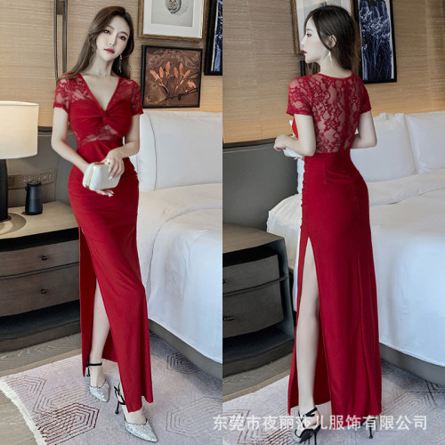 夜總店女裝性感v領氣質鏤空開叉晚禮服連衣裙足浴技師工作服長裙