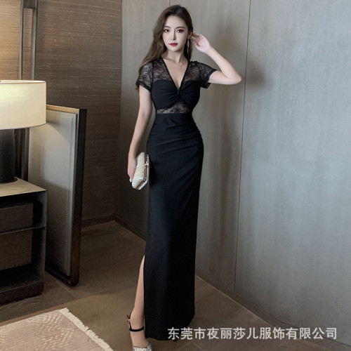 夜總店女裝性感v領氣質鏤空開叉晚禮服連衣裙足浴技師工作服長裙